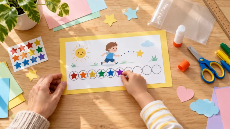 Overhead view of an adult and child placing colorful star stickers on a handmade reward chart, surrounded by paper, scissors, glue, markers, and craft supplies on a sunlit wooden table.