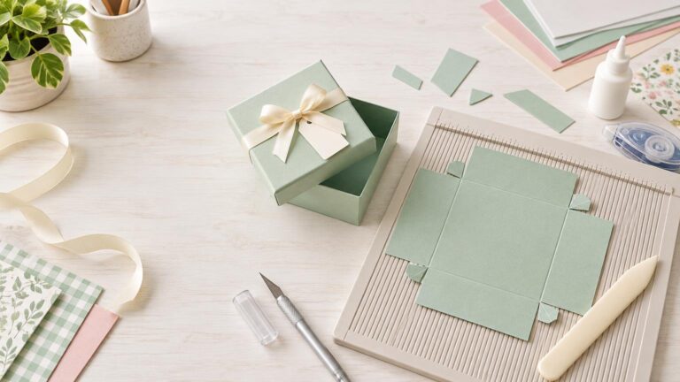 Overhead view of a pastel green handmade cardstock gift box with a cream ribbon bow beside a scored box template on a scoring board, surrounded by paper scraps, glue, ribbon, and craft supplies.