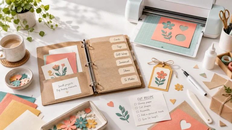 Sunlit craft table with a cutting machine, cardstock on a gridded mat, an open labeled project binder, paper flower pieces, gift tag, glue, scissors, and a handwritten cut-recipe checklist.