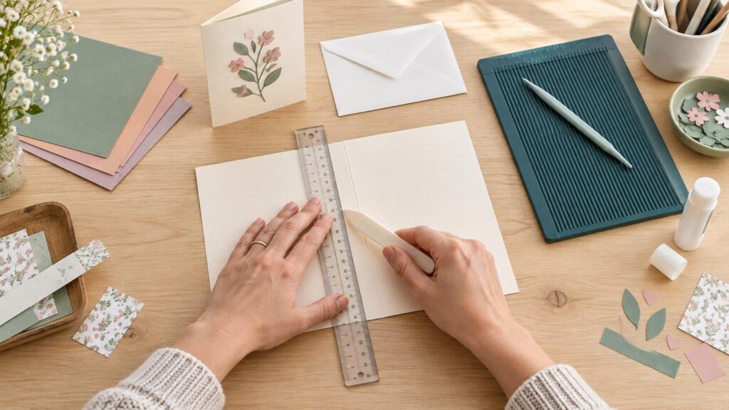 Overhead view of hands using a bone folder and clear ruler to score a blank sheet of white cardstock on a wooden craft table, surrounded by a scoring board, pastel paper, floral cutouts, glue, an envelope, and a handmade flower card.