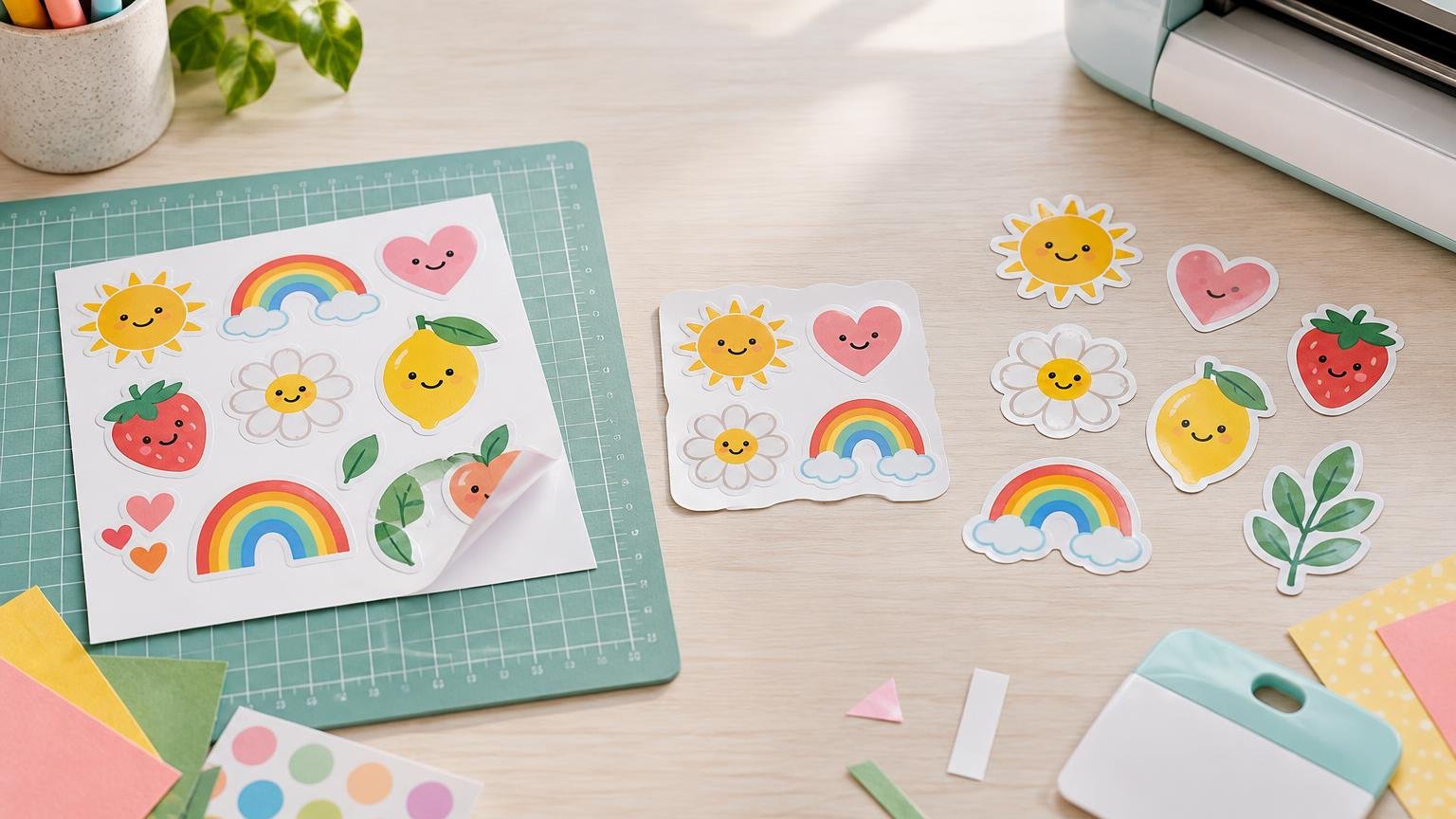 Overhead craft table with a teal grid cutting mat, a partially peeled sticker sheet, individual colorful fruit, flower, sun, heart, rainbow, and leaf stickers, cardstock scraps, and part of a cutting machine.