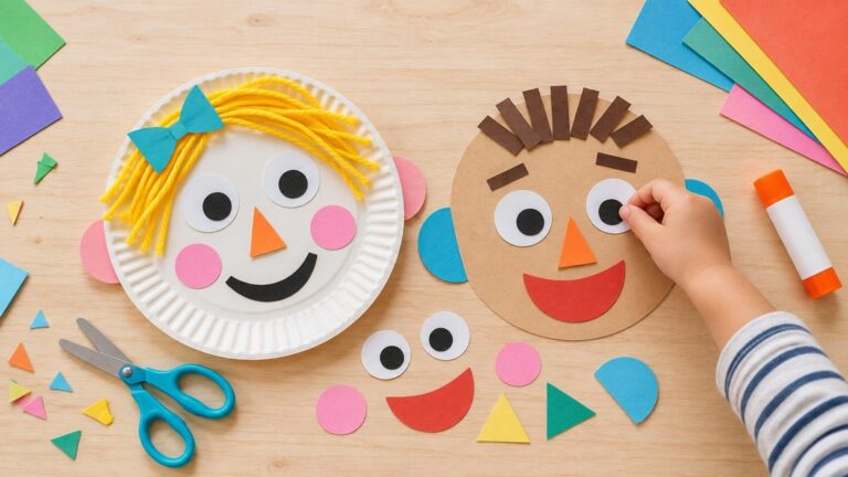 Overhead view of a children’s craft table with a finished white paper-plate face with yellow yarn hair, a cardstock face being assembled by a child’s hand, colorful paper shapes, scissors, and a glue stick.