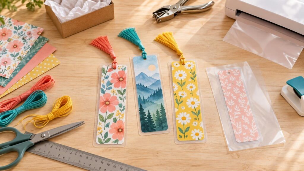 Overhead view of three colorful laminated cardstock bookmarks with tassels on a sunlit wooden craft table, surrounded by patterned paper, loose embroidery floss, scissors, a ruler, clear laminating pouches, a hole punch, and a small gift box.