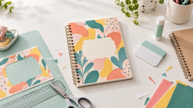 Bright overhead craft-table scene with a floral-patterned spiral notebook, matching cut paper frame, scissors, ruler, cutting mat, glue stick, scraper tool, washi tape, and colorful paper scraps.