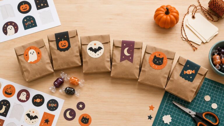 Overhead view of six brown Halloween treat bags decorated with handmade pumpkin, ghost, bat, moon, cat, and candy stickers on a wooden craft table, surrounded by sticker sheets, tags, twine, candy, scissors, and a cutting mat.