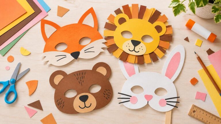 Overhead view of a craft table with four colorful cardstock animal masks—a fox, lion, bear, and bunny—surrounded by scissors, glue stick, ruler, pencil, paper scraps, and stacked sheets of cardstock.