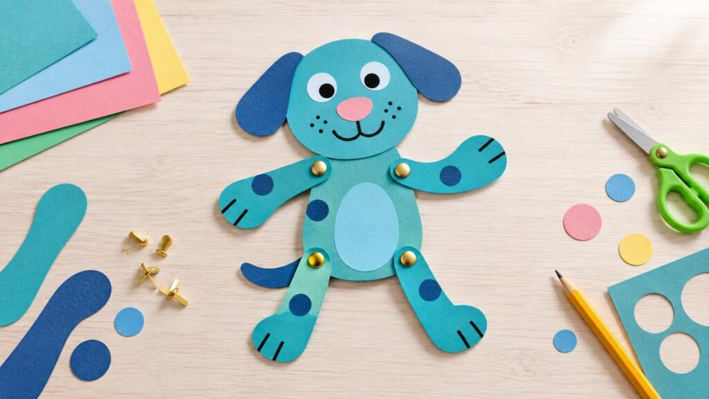 Colorful cardstock dog paper puppet with movable brad-fastened arms and legs arranged on a wooden craft table with paper sheets, cutout shapes, scissors, pencil, and spare fasteners.