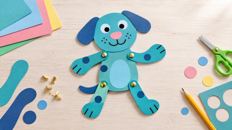 Colorful cardstock dog paper puppet with movable brad-fastened arms and legs arranged on a wooden craft table with paper sheets, cutout shapes, scissors, pencil, and spare fasteners.