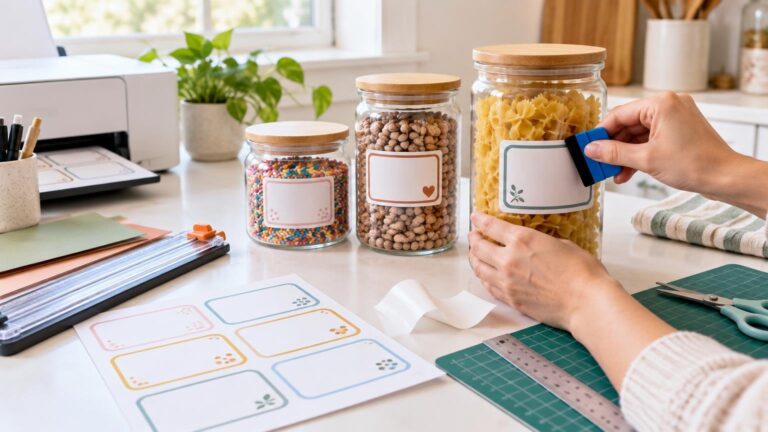 Hands use a blue scraper to smooth a blank decorative sticker label onto a clear glass jar of bow-tie pasta, with other labeled pantry jars, a printed sticker sheet, paper trimmer, cutting mat, ruler, and scissors on a bright table.