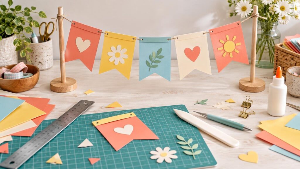 Colorful cardstock pennant banner with heart, flower, leaf, and sun cutouts hangs between two wooden stands on a craft table with a cutting mat, ruler, glue, scissors, paper scraps, and scoring tool.