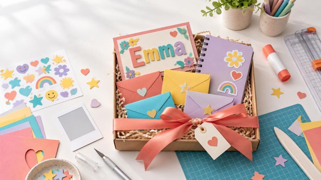 Overhead view of a colorful handmade birthday gift box with a card reading “Emma,” small decorated envelopes, a sticker sheet, pastel cardstock, cutting mat, glue stick, paper trimmer, craft knife, and ribbon.