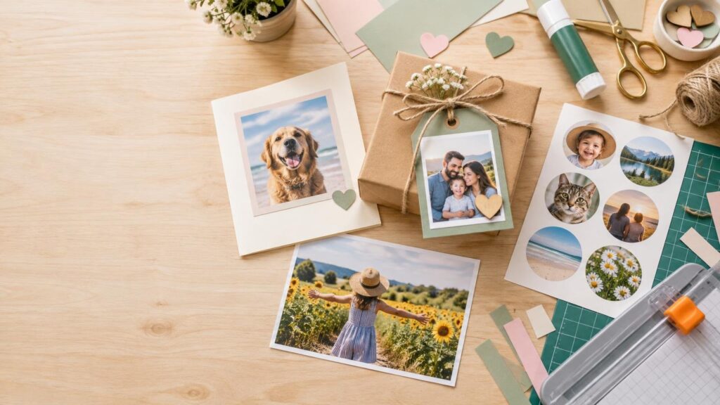 Overhead view of a craft table with printed family and pet photos, circular photo stickers, cardstock hearts, a wrapped gift tag, glue, scissors, a cutting mat, and a paper trimmer; open wood surface on the left provides space for a headline.