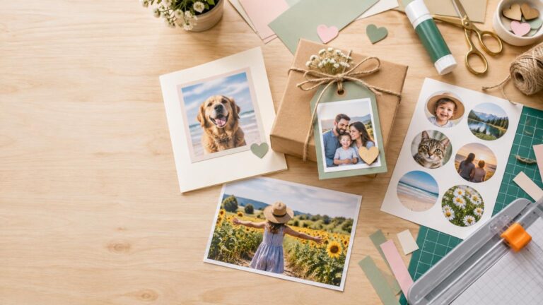 Overhead view of a craft table with printed family and pet photos, circular photo stickers, cardstock hearts, a wrapped gift tag, glue, scissors, a cutting mat, and a paper trimmer; open wood surface on the left provides space for a headline.